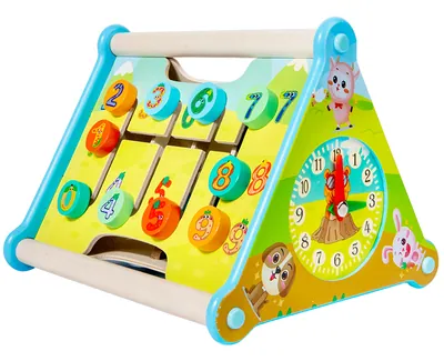 5 In 1 Wooden Baby Activity Triangle Cube Abacus Clock Gear Maze Mirror Toddler Learning — wooden math & teaching aids wholesale