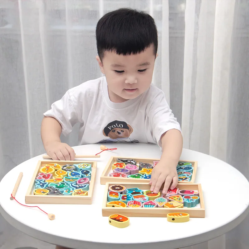 Children Wooden DIY Beaded Toy Magntic Fishing Game Animal Sea Traffic Building Blocks Beads — wooden building blocks & construction wholesale
