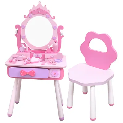 Unisex Pretend Play Kids Toy Wooden Pink Baby Dressing Table with Makeup Set Accessories — wooden pretend play & role play wholesale
