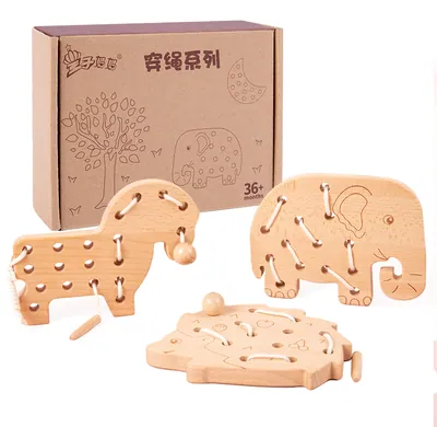 Montessori Baby Education Wood Lace Block Board Set of Animals Elephant/Horse/Hedgehog Wooden — wooden bead mazes & fine motor wholesale