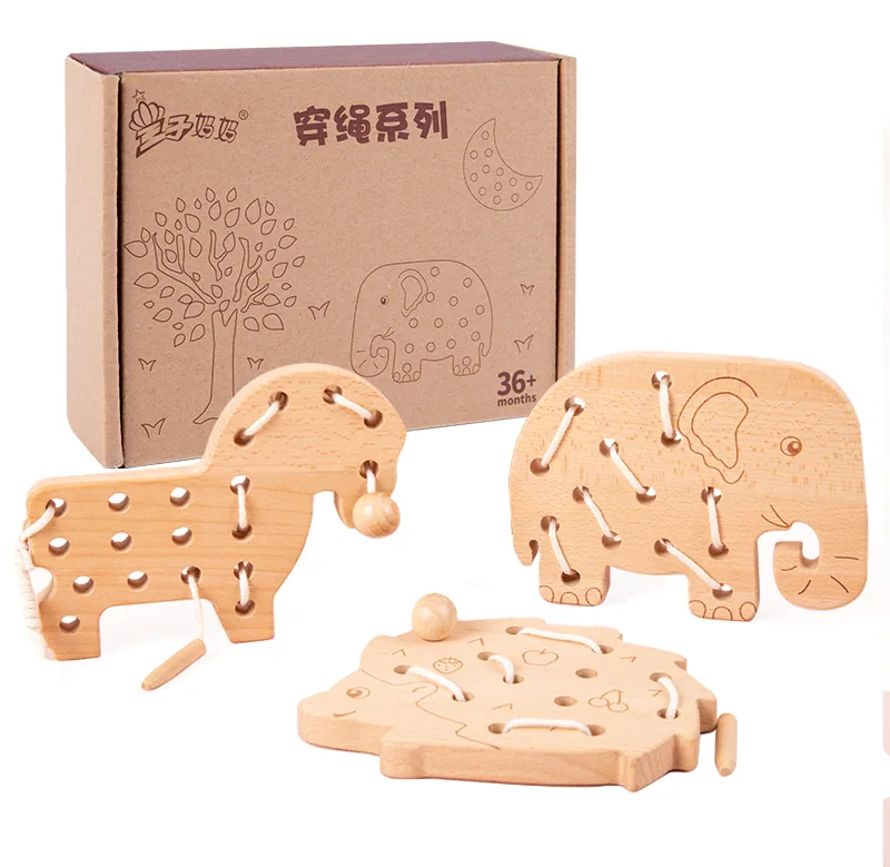 Montessori Baby Education Wood Lace Block Board Set of Animals Elephant/Horse/Hedgehog Wooden — wooden bead mazes & fine motor wholesale