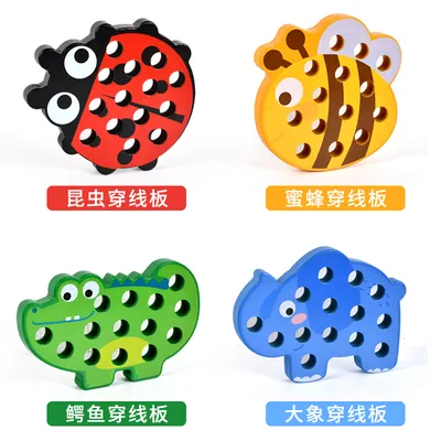 Early Teaching Animals Fine Action Threading Board Puzzle Toys For Learning Wooden Animals — wooden bead mazes & fine motor wholesale