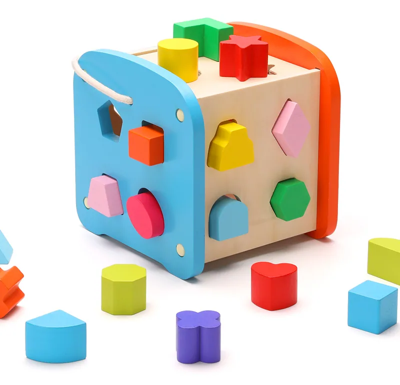 Factory 19 Hole Wooden Activity Cube Shape Sorter Toys Box Geometric Wood Kids Children Toys — wooden math & teaching aids wholesale