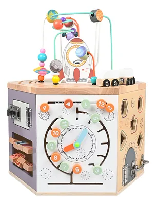 Baby Education Busy Board Activity Cube Multi-functional Wooden Multi-in-one Round Beading view 2