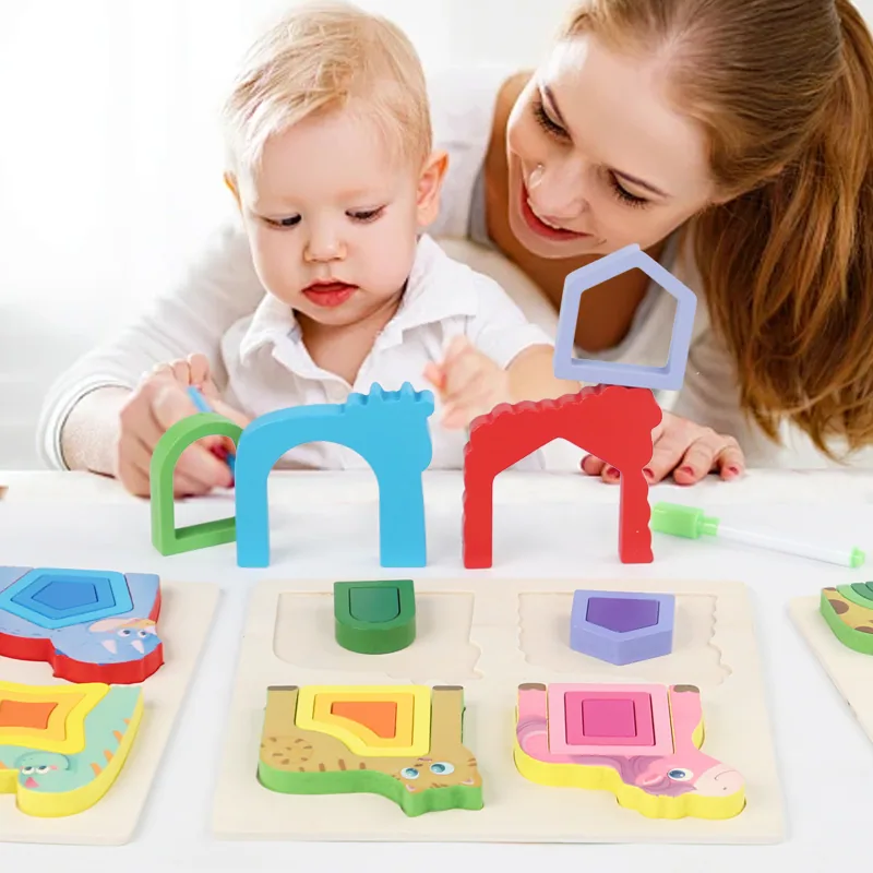 Unisex DIY Animal S Matching Stereo Jigsaw Puzzle Toy for 2 to 4 Years Color Training Wooden — wooden puzzles & tangrams wholesale