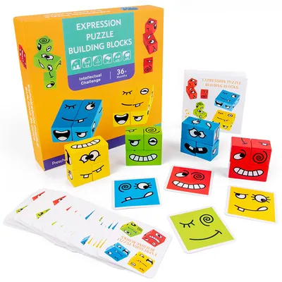 Montessori Educational Wooden Blocks Puzzle Expressions & Building Cubes Model Toy for Kids view 2