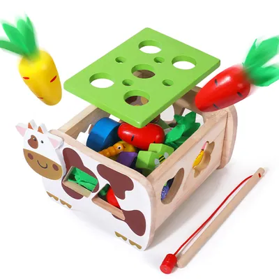 Wooden Montessori Toy Children's Farm Animal Cow Pulling Radish Puzzle Box Matching Puzzle — wooden puzzles & tangrams wholesale