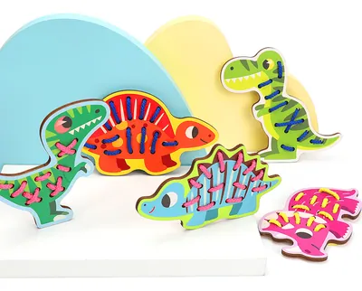 Wooden Cartoon Animal Dinosaur Lacing Montessori Toy Wooden Threading Board Early Learning — wooden bead mazes & fine motor wholesale