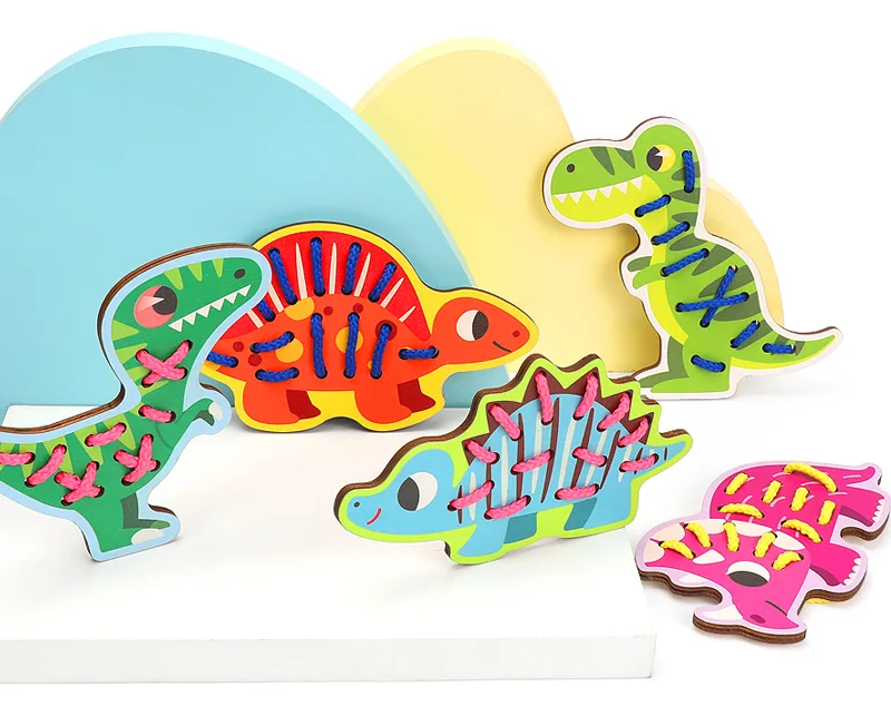 Wooden Cartoon Animal Dinosaur Lacing Montessori Toy Wooden Threading Board Early Learning — wooden bead mazes & fine motor wholesale